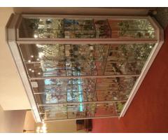 Vitrina em alumínio lacado a branco, com detalhes em madeira